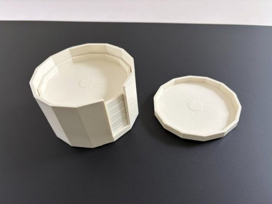 Image 1 of Vintage plastic coasters with holder | Set of 6 | Geometric | Cream