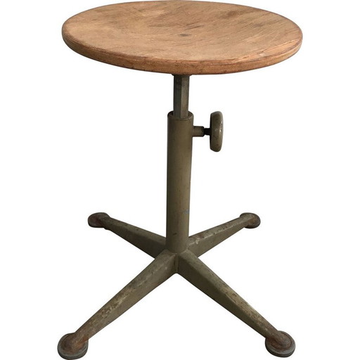 Vintage Industrial Stool in Steel and Wood, Height Adjustable, 1900s