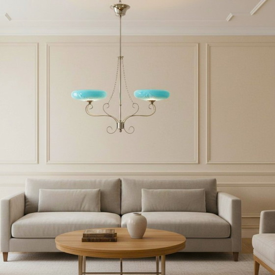 Image 1 of Grand lustre Art déco avec éclairage indirect et abat-jour en verre opalin bleu