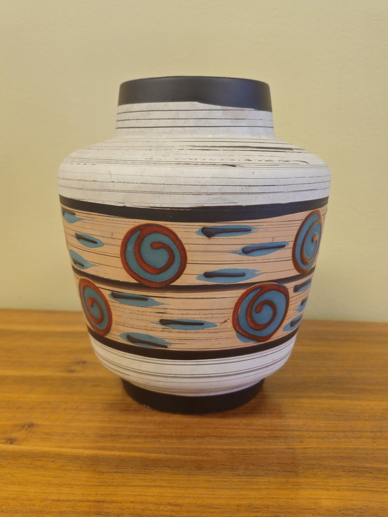 Image 1 of Vintage West Germany Vase Vase Blue Red