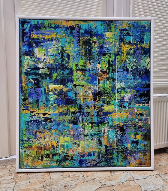 Image 1 of Frances Eckhardt - 80x90 cm pintura abstracta pintada a mano, arte moderno colorido azul verde amarillo