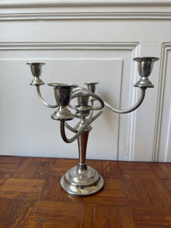 Image 1 of Lámpara de araña de metal plateado, fabricada en Inglaterra, 4 brazos, 5 orificios