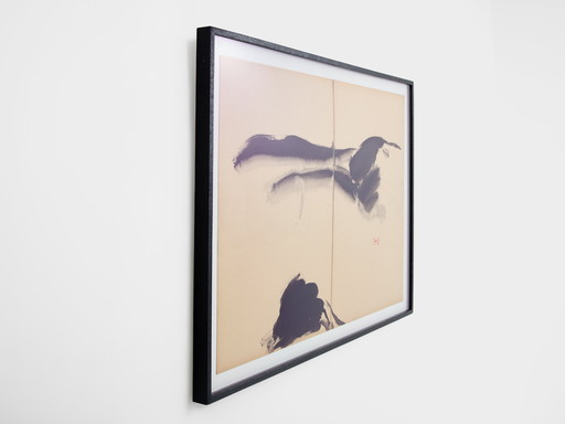 T’ang Haywen signed diptych ink on beige paper 1970