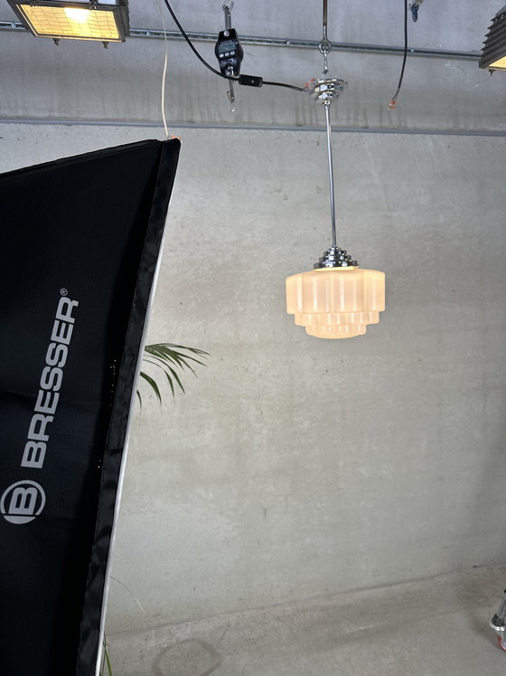 Image 1 of Art Deco pendant lamp - opaline and chrome