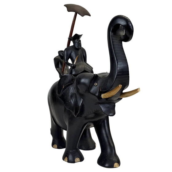 Koloniale Ebbenhouten Olifant Beeldhouwkunst met Mahout – Handgesneden Aziatische Beeldhouwkunst – 32 cm (photo 4 of 10)