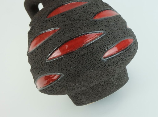 Mid Century Fat Lava Vase Jug Schlossberg Ceramics 1970s Brown with Glossy Red Pattern Model No. 64-25