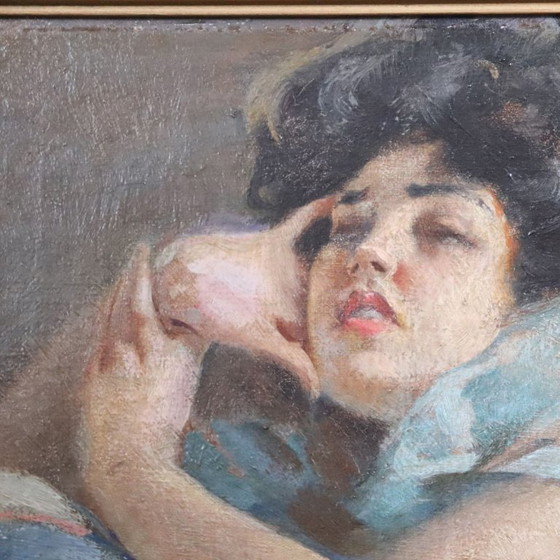 Image 1 of Girl Lying Down, Oil Painting on Board signed A Villa, Italy Late 19th Century