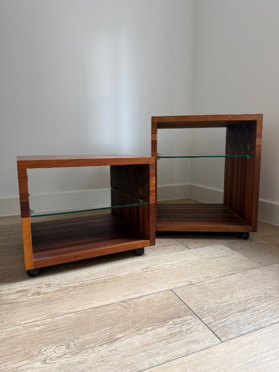 Image 1 of 2x Leolux Vidar Masai wooden side tables with height differences