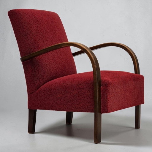 Sillón danés art déco de la década de 1950, tapizado en lana roja original y madera de haya.