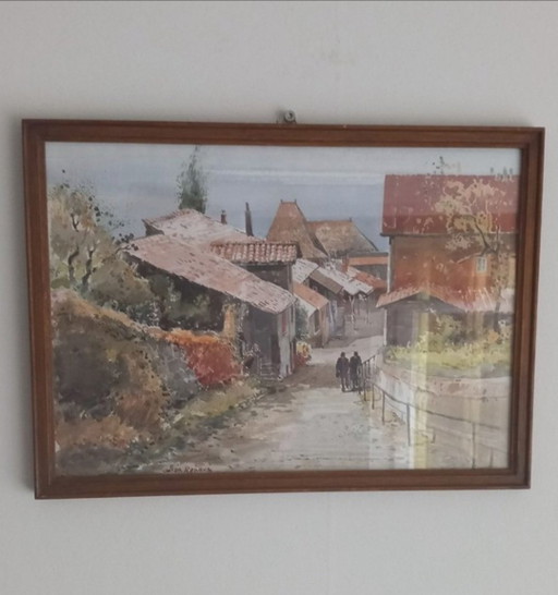 Original watercolor by Allain Renoux - Picturesque village scene of great architectural finesse
