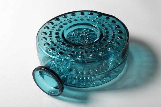 Image 1 of Large Vintage Teal Sunburst Blue Bubble Glass Vase / Erich Jachmann for WMF / 1960s