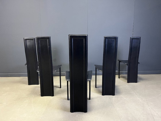 Image 1 of Vintage zwarte leren eetkamerstoelen, set van 6, jaren 80