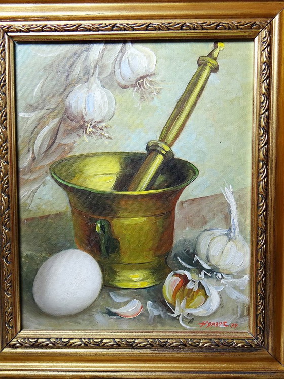 Image 1 of Still life with garlic, egg and mortar, signed Sarpe, 1979, oil on canvas