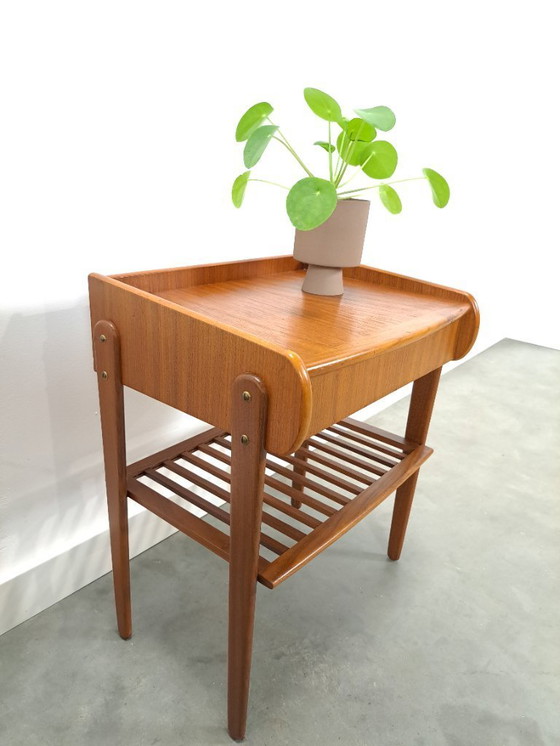 Image 1 of Teak veneer bedside table set with drawer from Sweden