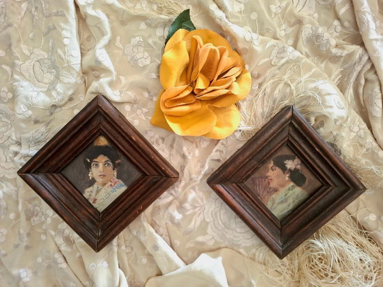 Image 1 of Pair of Antique Miniature Portraits. Belle Époque Paintings. Paris, ca. 1900–1908 - Decoration