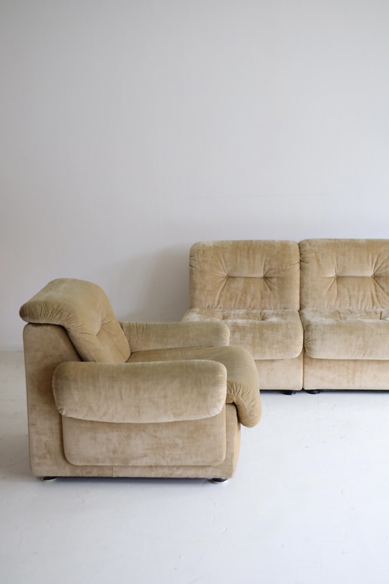 Image 1 of 4-seater modular sofa, beige velvet, 60s/70s