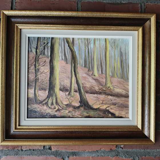 Image 1 of Beautiful and large Framed Belgian Forest Painting by Daniel Pierot (1896–1981) – Warm Vintage Atmosphere