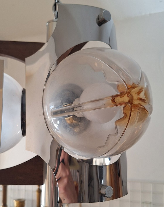 Image 1 of Lampada a sospensione in metallo e 3 globi in vetro di Murano