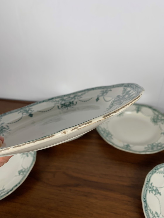 Image 1 of Set aus 3 Tellern + 3 tiefen Tellern, Modell "Compiègne" der Fabrik Longwy, Farbe dunkelgrün