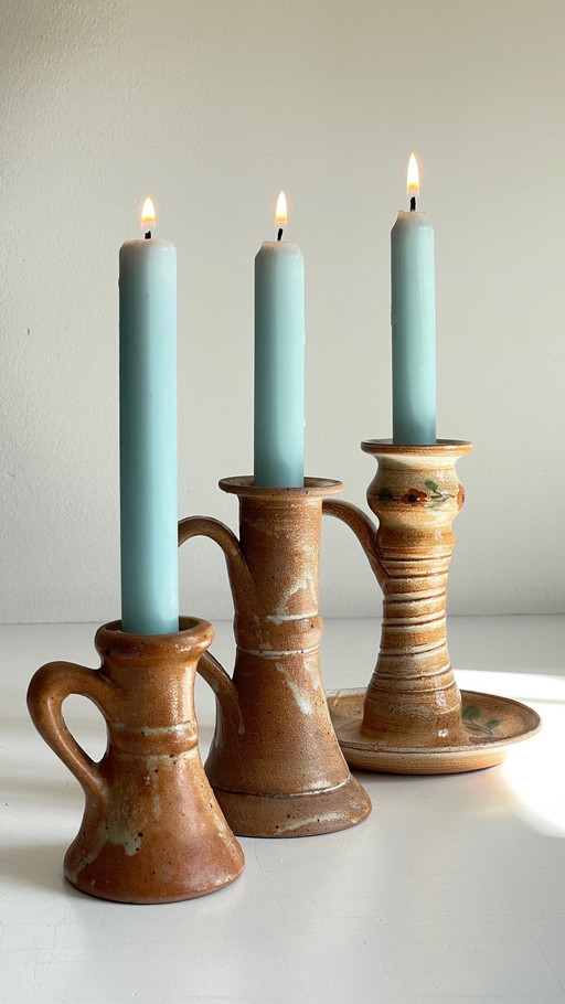 3 Bougeoirs Poterie Artisanale Vintage