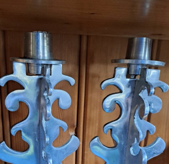 Image 1 of Pair of Brutalist Carved Metal Candleholders - 1970s