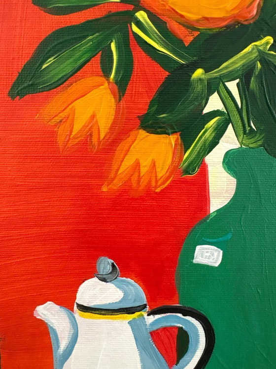 Image 1 of Pintura acrílica del artista E. García "El mantel amarillo" 100x70 cm