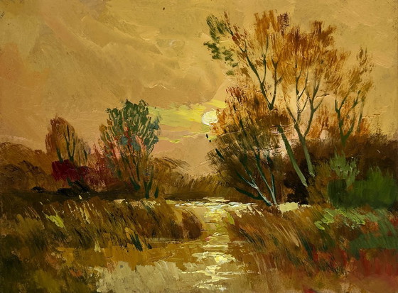 Image 1 of Origineel olieverfschilderij: Herfstboslandschap. Een rustige avond in oranje tinten.