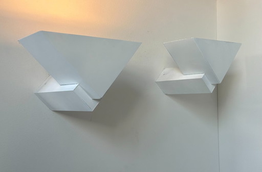 Coppia di applique geometriche vintage, bianco opaco, Francia 1970