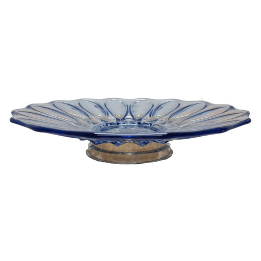 French Blue Art Deco Bowl On Metal Base