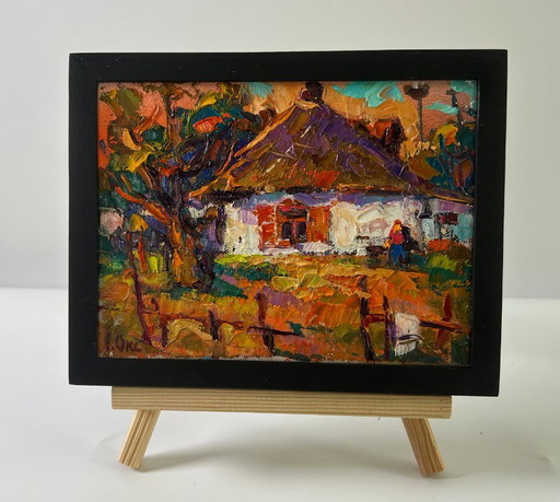 Original Oil Painting Sunset Village Landscape Evening in the Yard – schilderijen tekeningen, Canvas