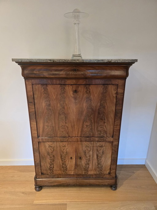 Antieke Secretaire Met Marmeren Blad En Bijbehorende Stoel – bureau, Wood