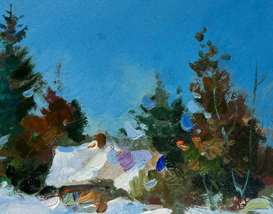 Image 1 of Original Oil Painting Snow Forest Landscape House in the Snow