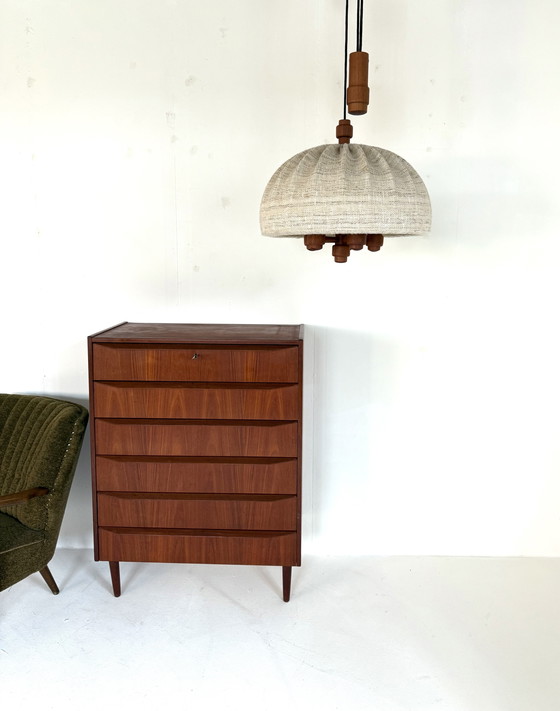 Image 1 of Vintage XL teak & wool pendant lamp, Domus '70