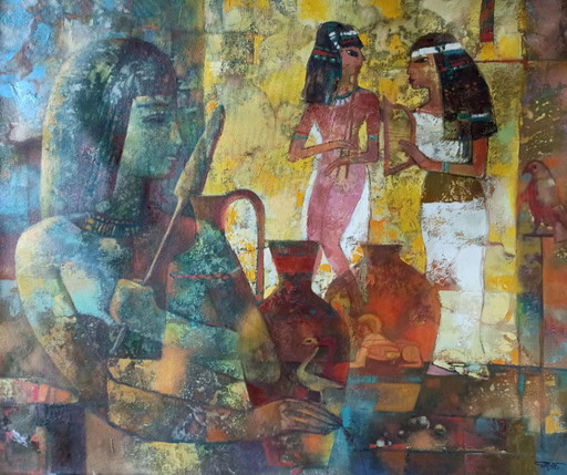 Original Oil Painting Abstract Figurative Girl Gifts to Pharaoh – schilderijen tekeningen, Canvas