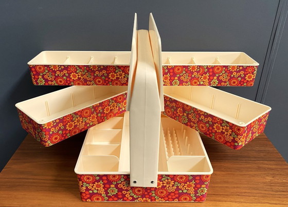 Image 1 of 1970s plastic sewing box with flowerprint in original box