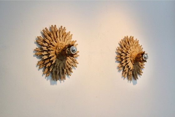 Natural pair of Large Carved Sunburst Wooden Sconces, Wall lights (photo 2 of 10)