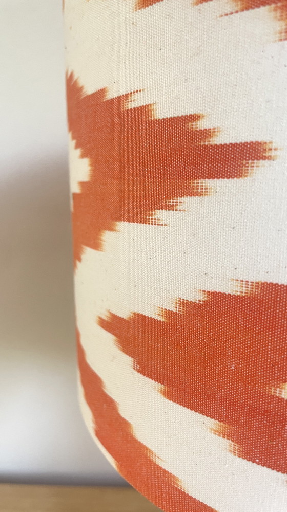 Image 1 of Vintage Handmade Table Lamp (47cm) – Orange Ceramic with Gold-Glossy Ikat Chevron Lampshade