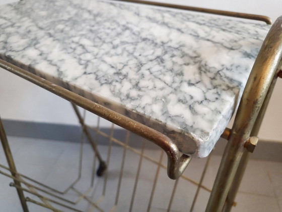 Image 1 of Vintage 1950s Brass & Marble Rolling Magazine Rack Side Table