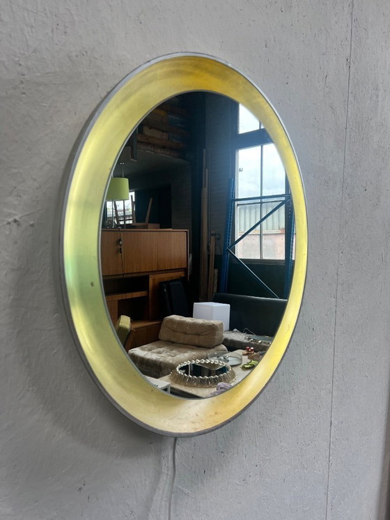 Image 1 of Vintage Round Wooden Wall Mirror With Lighting, Xl, 1970's
