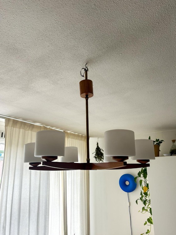 Vintage Mid Century Modern Teak Pendant Lamp Large Teak Frosted Glass – Wood (photo 12 of 14)