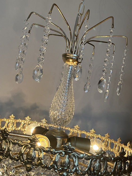 Image 1 of Vintage Crystal Chandelier Pendant Lamp Bronze Gold Frame