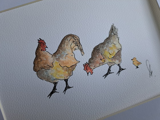 Image 1 of Original watercolor painting of chickens in a frame