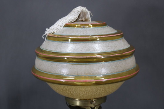 Image 1 of 1940s Restored Brass Table Lamp with Marble Base and Glass Shade
