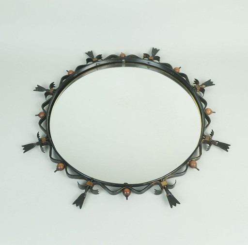 round mid century wall mirror metal frame wrought iron wood brass 1950s / 60s