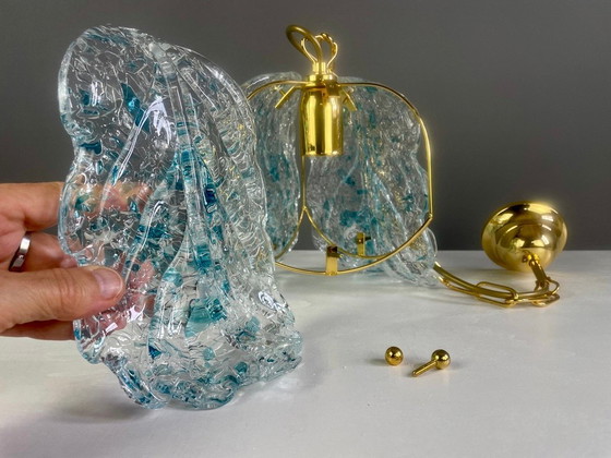 Image 1 of 1990s Murano glass pendant light three leaves with blue glass shards. New old stock. Never used.