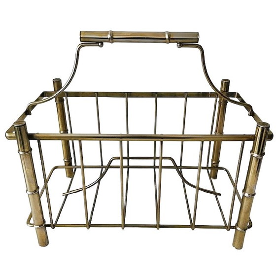 Image 1 of Vintage Hollywood Regency Faux Bamboo Newspaper Rack Magazine Basket Gold Metal Magazine Rack 1960s