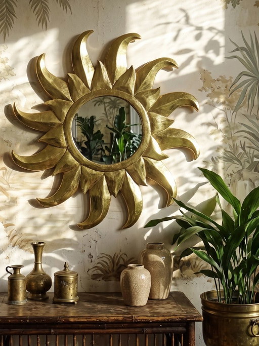 Großer, handgefertigter Sonnenstrahlenspiegel aus Holz und Stuck, vergoldet mit Blattgold, 1970er-80er Jahre