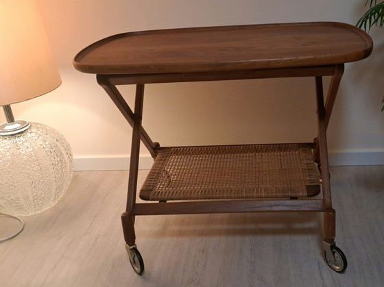 Image 1 of After JOHANNES ANDERSEN – Teak & Rattan Serving Trolley, CFC Silkeborg, Mid-20th Century