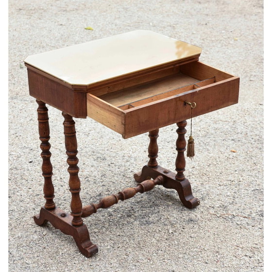 Late 19th Century Italian Occasional Table with Turned Base, Drawer, and Glass Top, Coffee tables, Wood, Brown (photo 2 of 8)