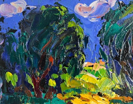 Image 1 of Original Oil Painting Summer River Landscape Evening colors of the sky